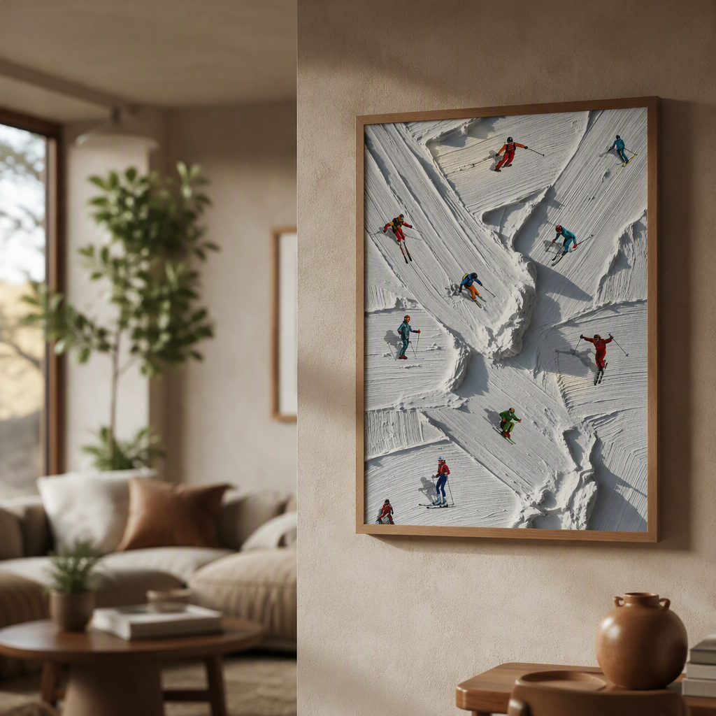 Off-Piste Ski Wall Art Print – Textured Mountain Poster, Colourful Aerial Skiers