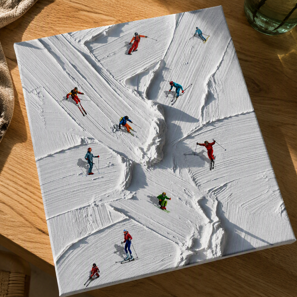 Off-Piste Ski Wall Art Print – Textured Mountain Poster, Colourful Aerial Skiers