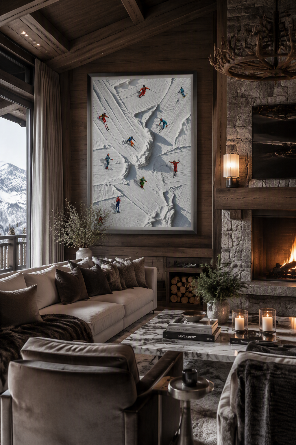 Off-Piste Ski Wall Art Print – Textured Mountain Poster, Colourful Aerial Skiers