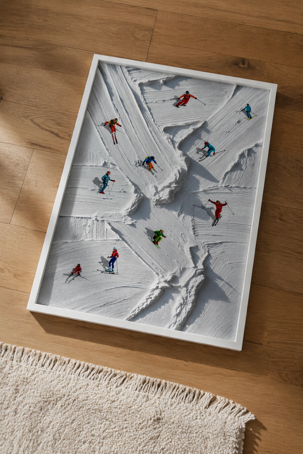 Off-Piste Ski Wall Art Print – Textured Mountain Poster, Colourful Aerial Skiers