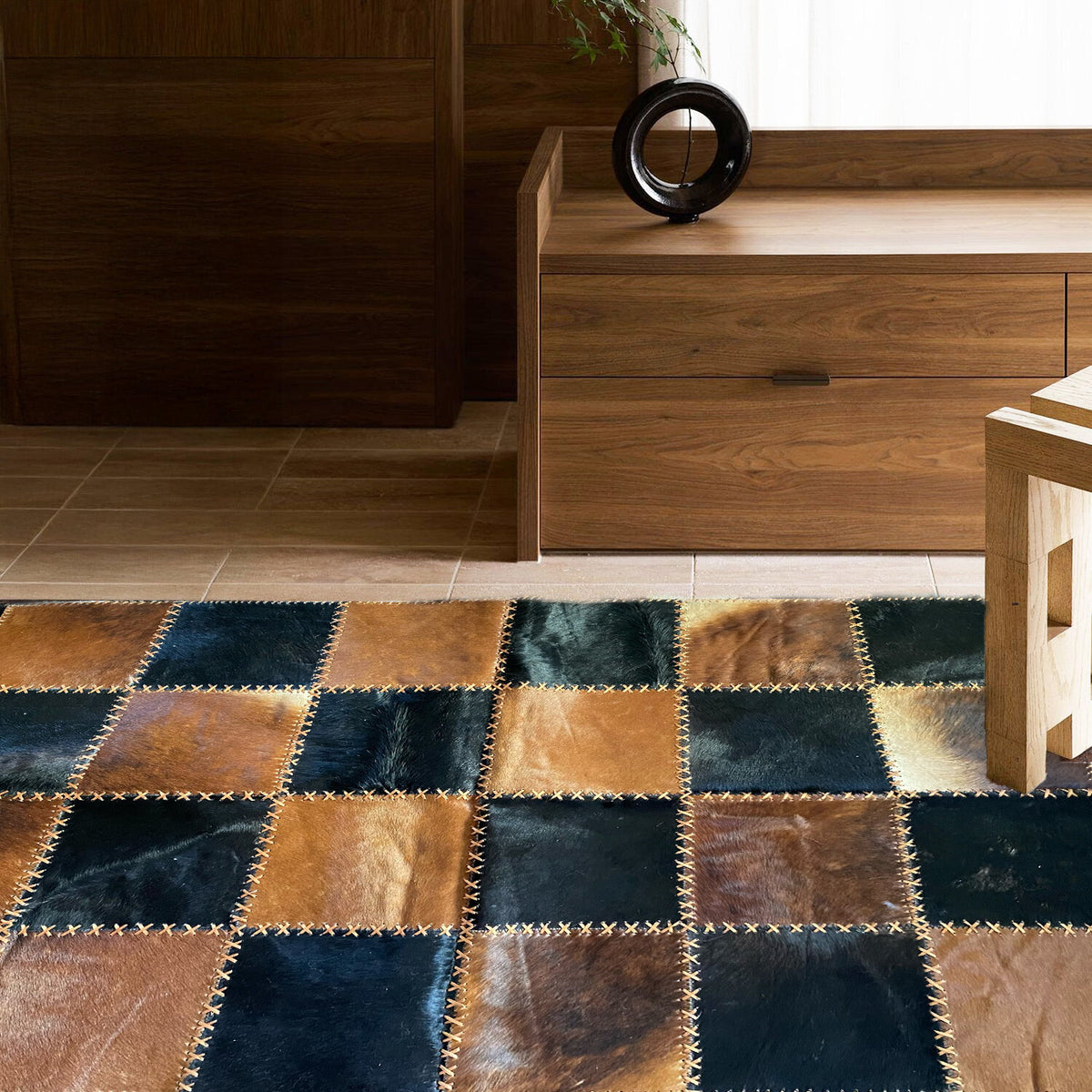 Tricolor Patchwork Cowhide Rug