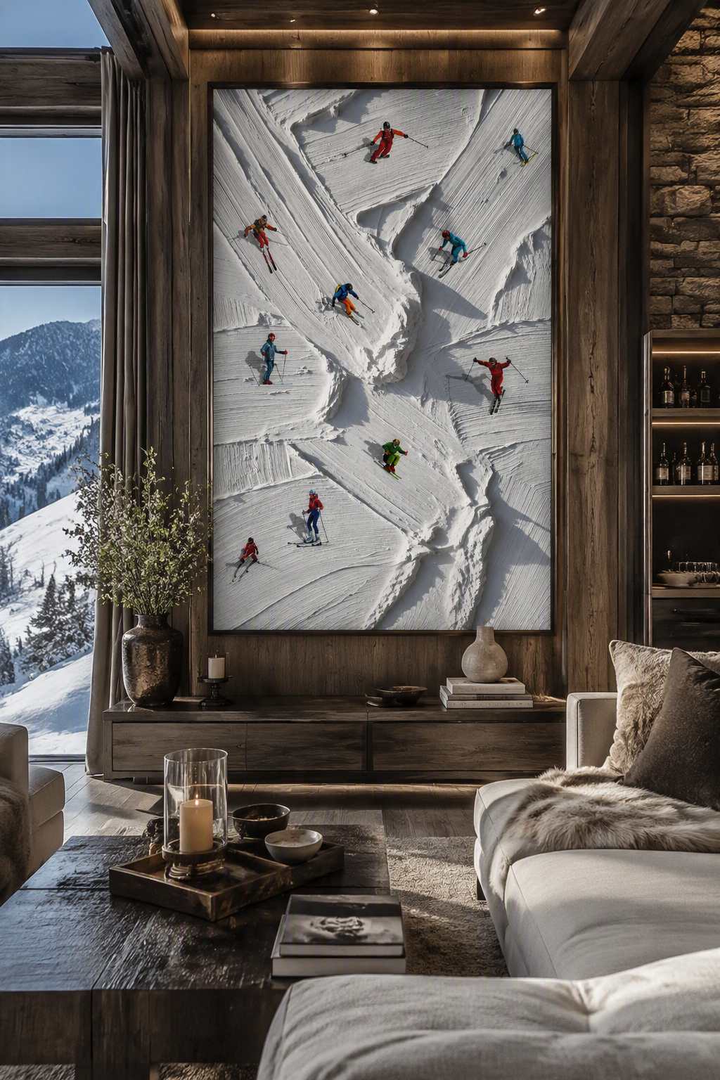 Off-Piste Ski Wall Art Print – Textured Mountain Poster, Colourful Aerial Skiers