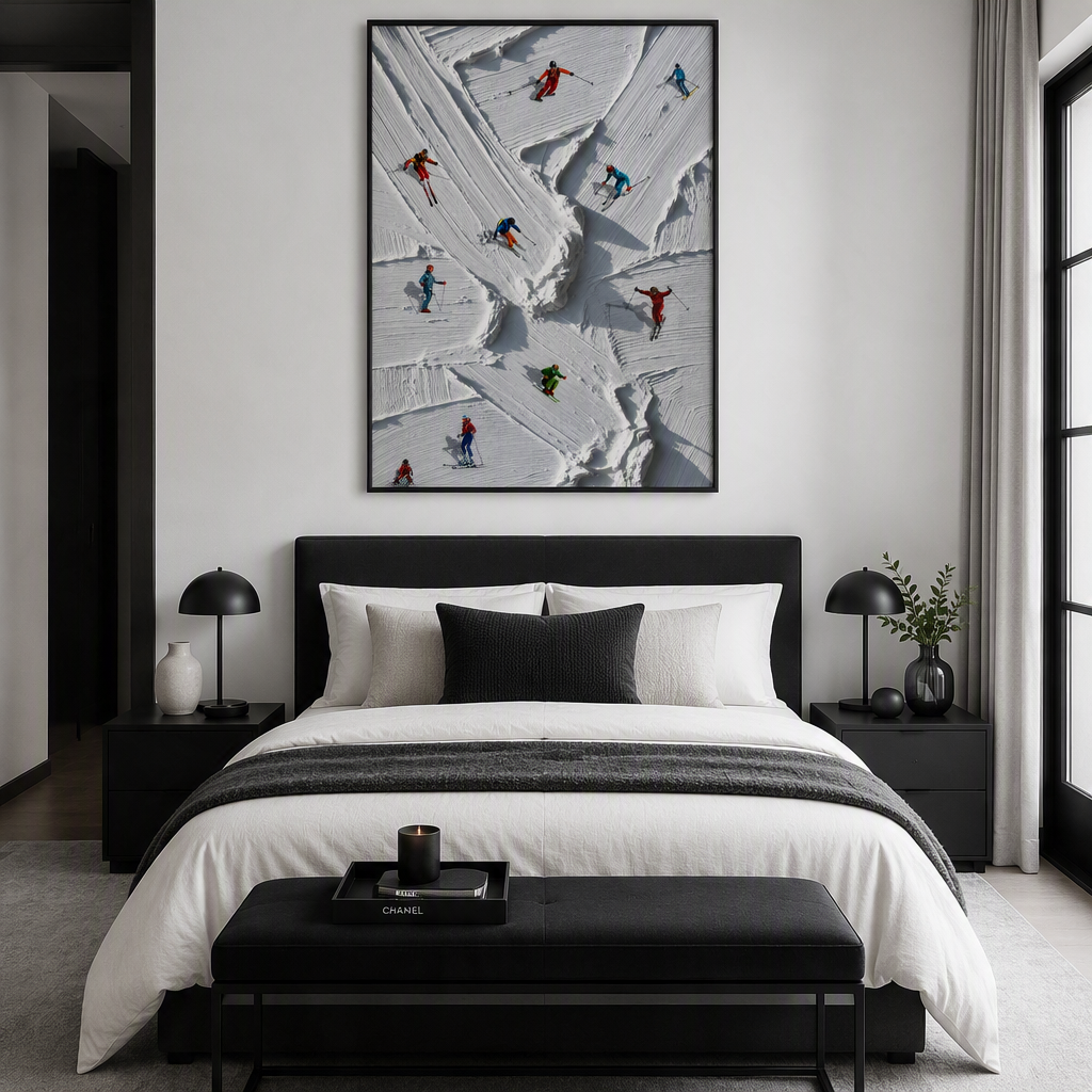 Off-Piste Ski Wall Art Print – Textured Mountain Poster, Colourful Aerial Skiers